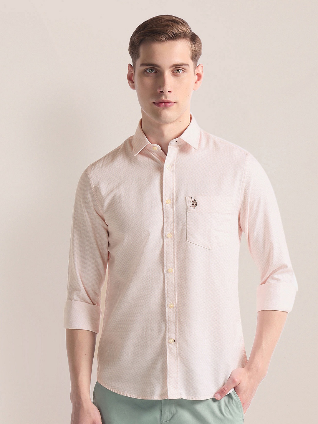 

U.S. Polo Assn. Textured Self Design Spread Collar Casual Shirt, Pink