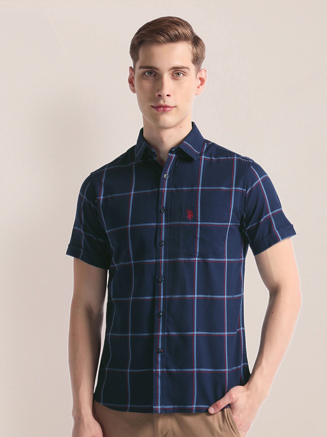 

U.S. Polo Assn. Windowpane Checked Twill Spread Collar Short Sleeves Casual Shirt, Navy blue