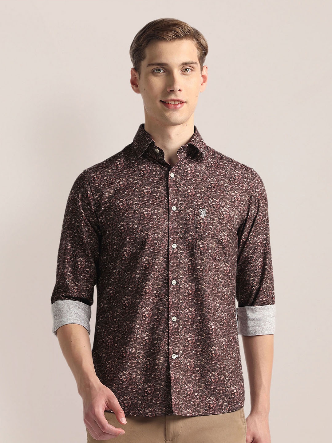 

U.S. Polo Assn. Floral Printed Spread Collar Twill Casual Shirt, Brown