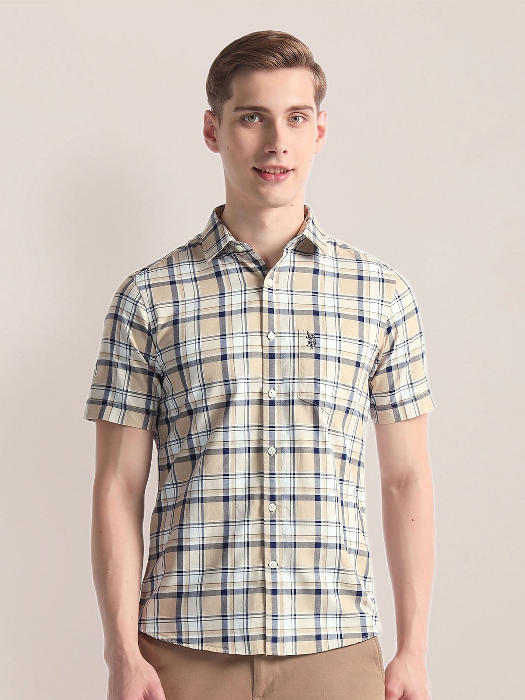 

U.S. Polo Assn. Tartan Checked Spread Collar Short Sleeves Oxford Casual Shirt, Brown