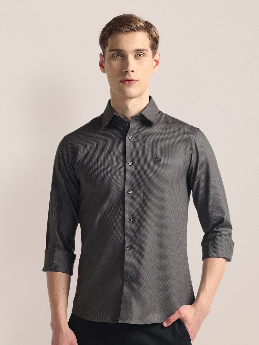 

U.S. Polo Assn. Textured Self Design Spread Collar Casual Shirt, Grey