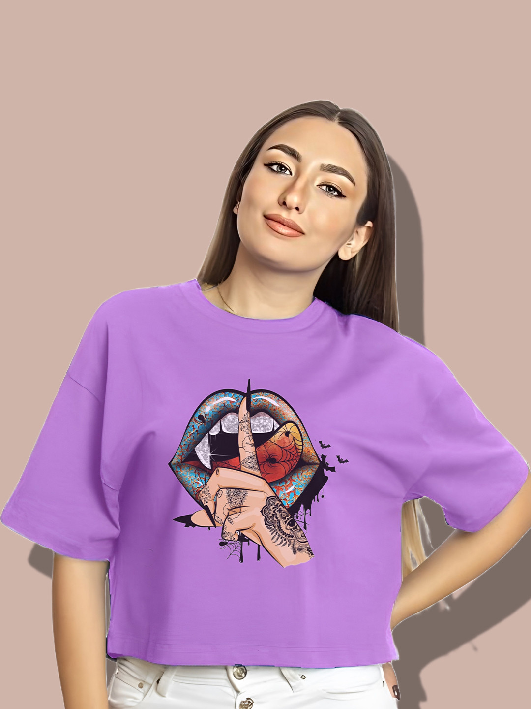 

Elibolz Women Printed Extended Sleeves T-shirt, Lavender