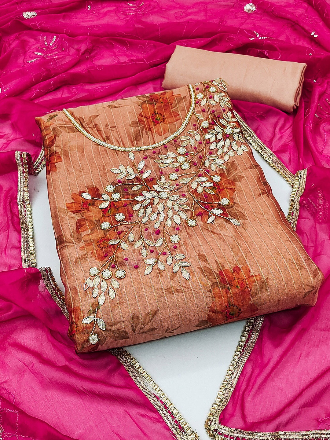 

MANVAA Floral Printed Unstitched Dress Material, Peach