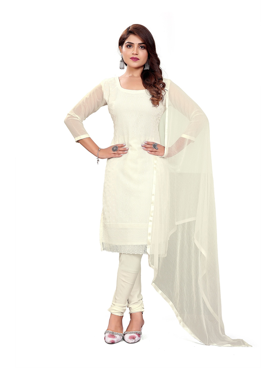 

MANVAA Ethnic Embroidered Unstitched Dress Material, White