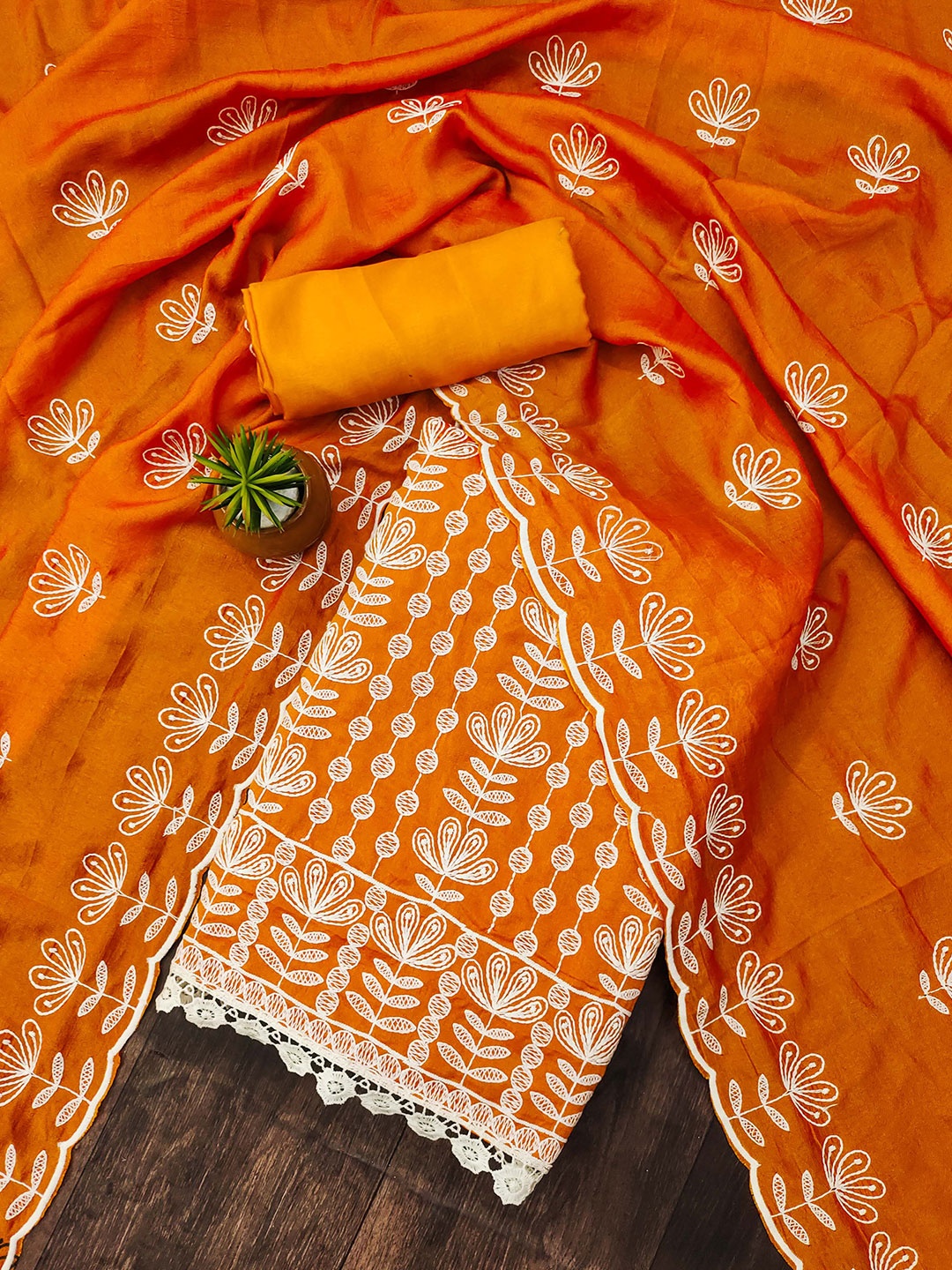 

MANVAA Floral Embroidered Unstitched Dress Material, Orange