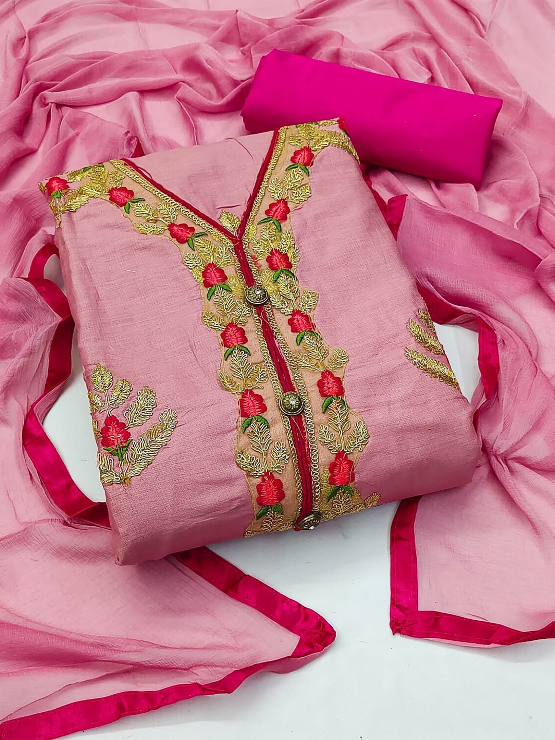 

MANVAA Embellished Unstitched Dress Material, Pink