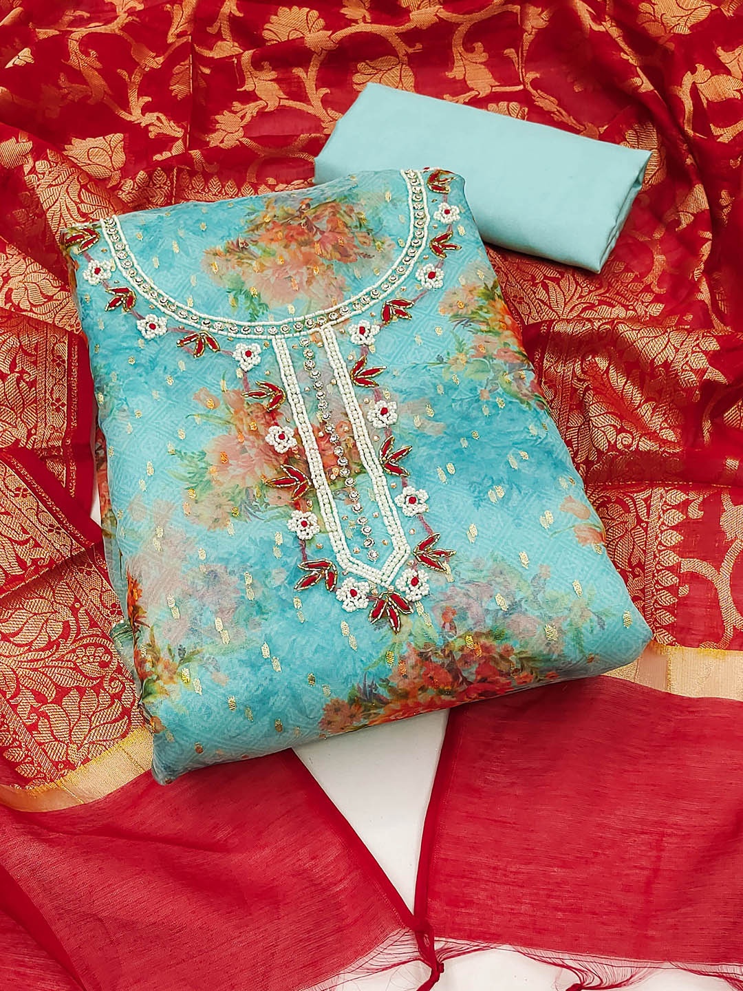 

MANVAA Embroidered Organza Unstitched Dress Material, Blue