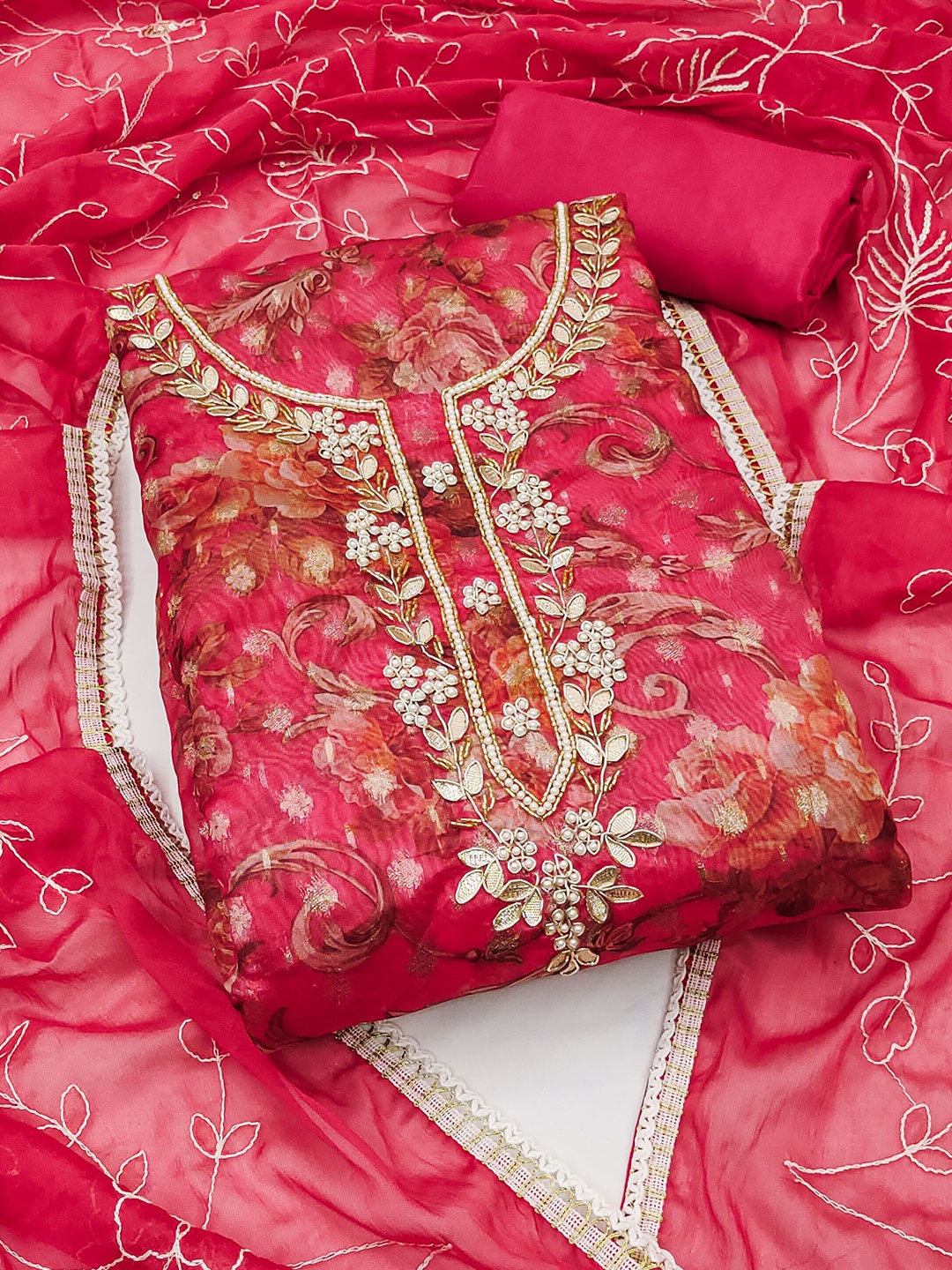 

MANVAA Printed Organza Unstitched Dress Material, Pink