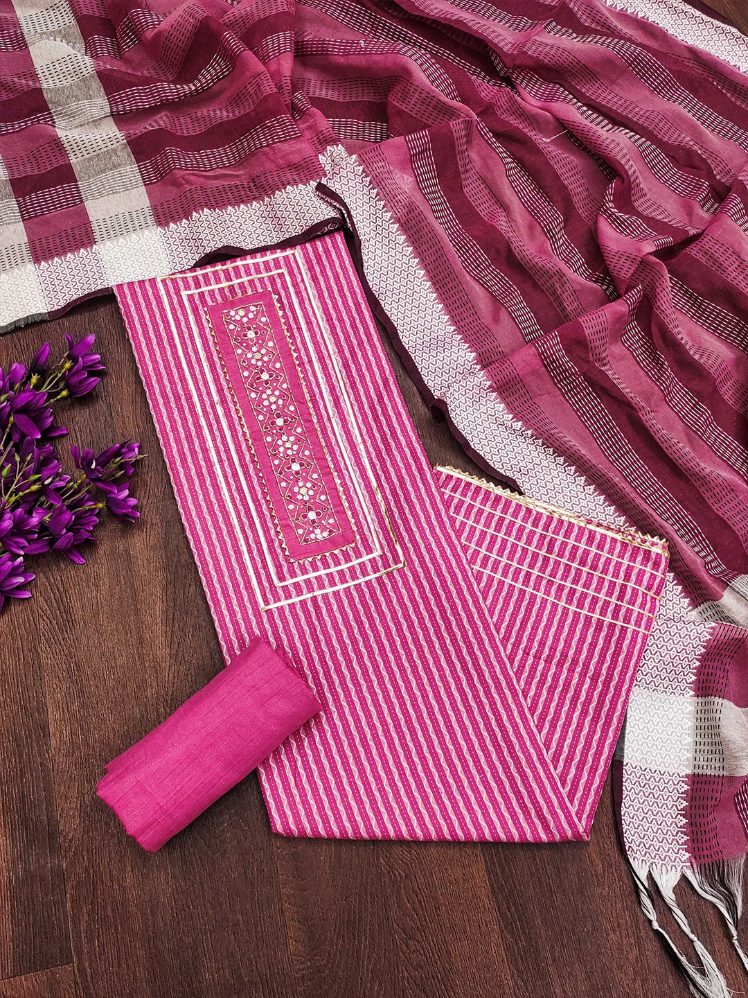 

MANVAA Embellished Unstitched Dress Material, Pink