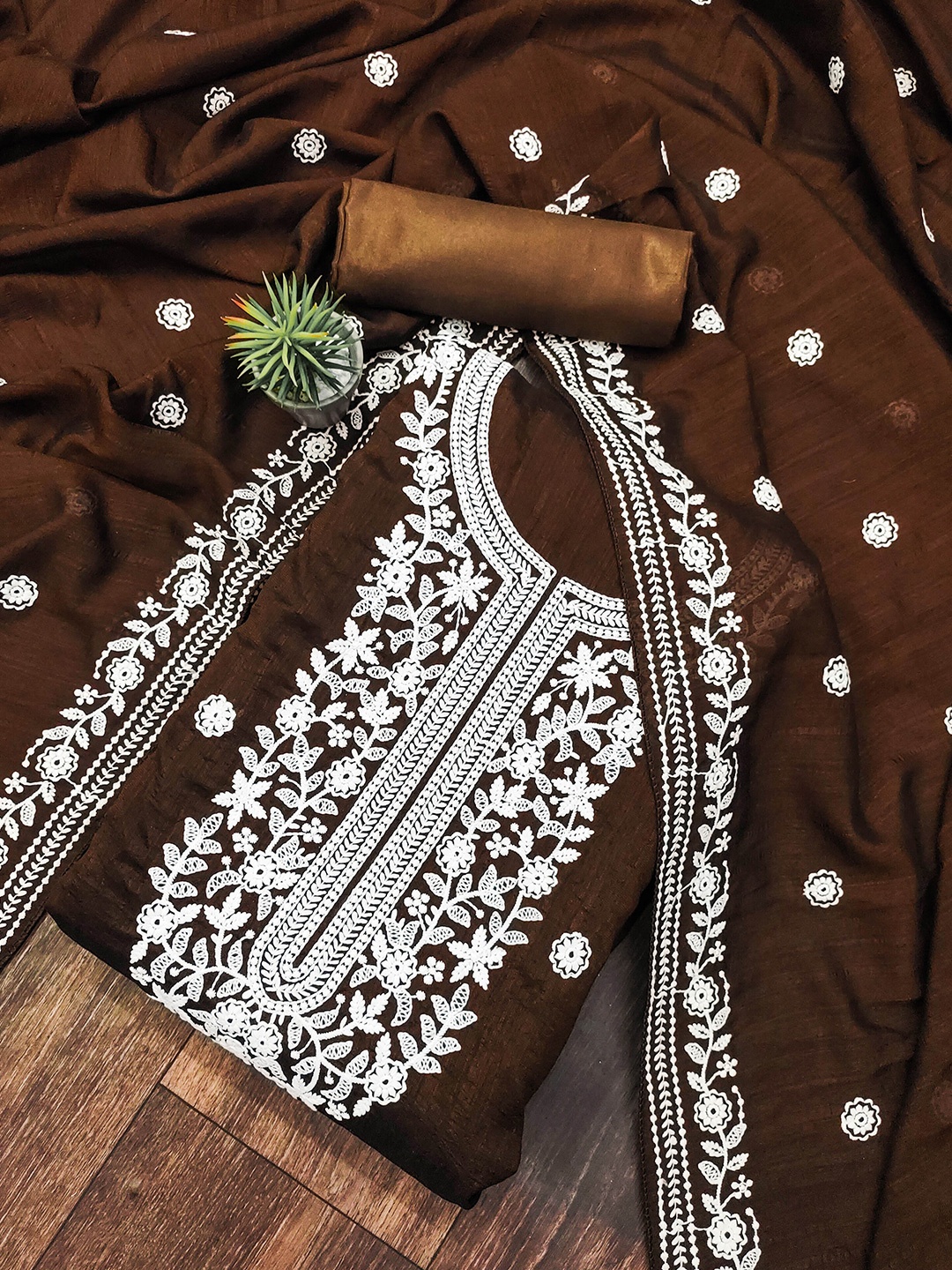 

MANVAA Embroidered Unstitched Dress Material, Brown