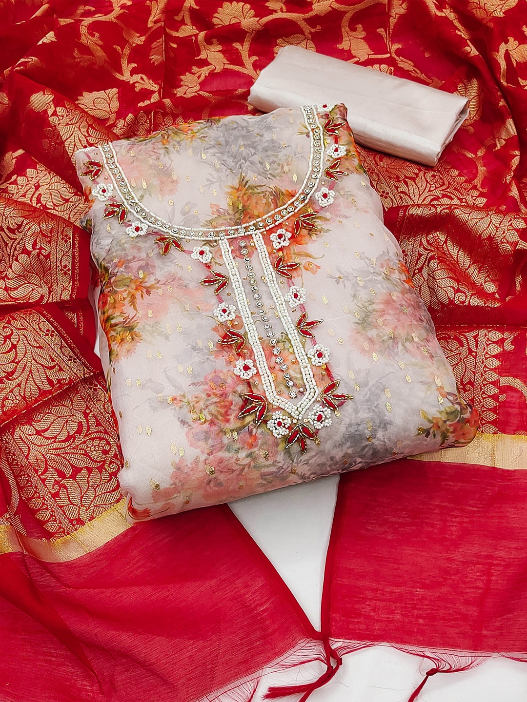 

MANVAA Printed Organza Unstitched Dress Material, White