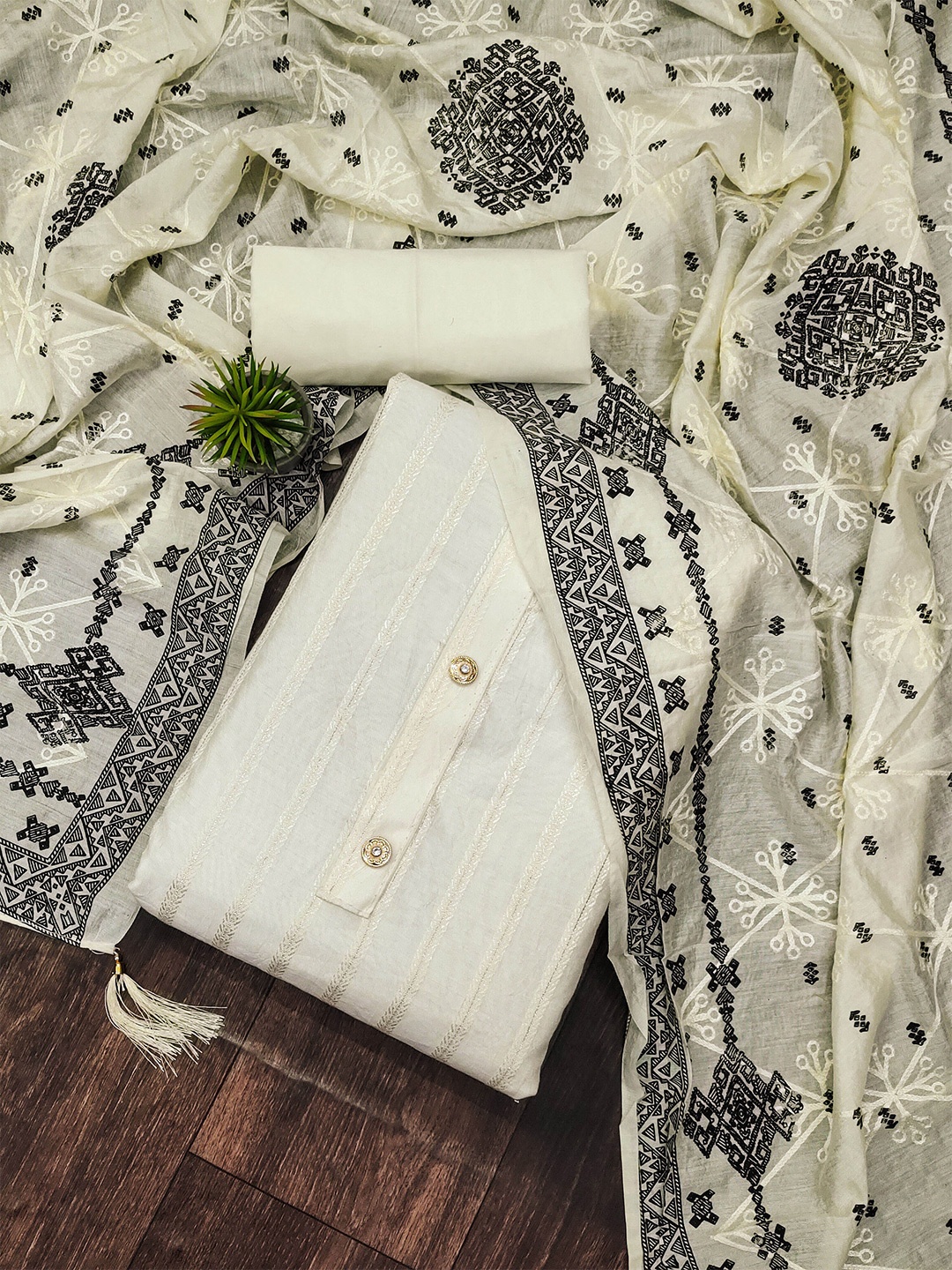 

MANVAA Embellished Unstitched Dress Material, White