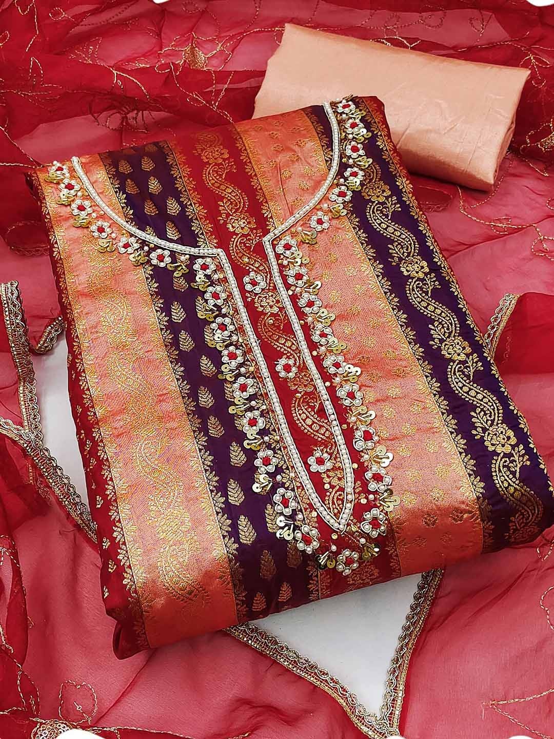 

MANVAA Embellished Unstitched Dress Material, Red