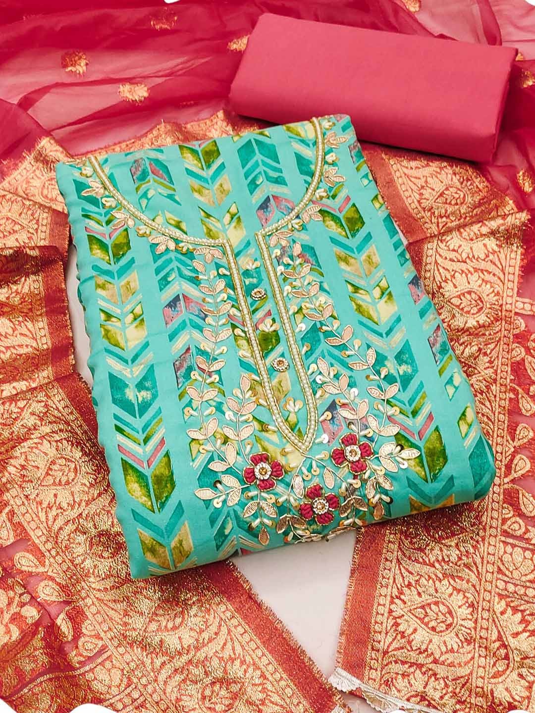 

MANVAA Printed Unstitched Dress Material, Sea green