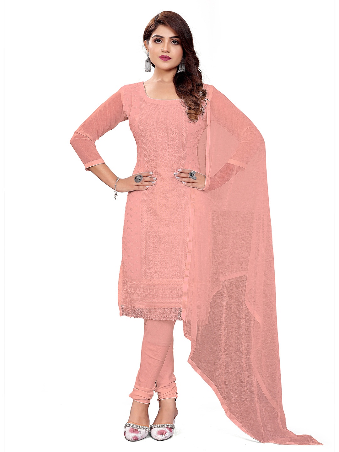 

MANVAA Embroidered Silk Georgette Unstitched Dress Material, Peach