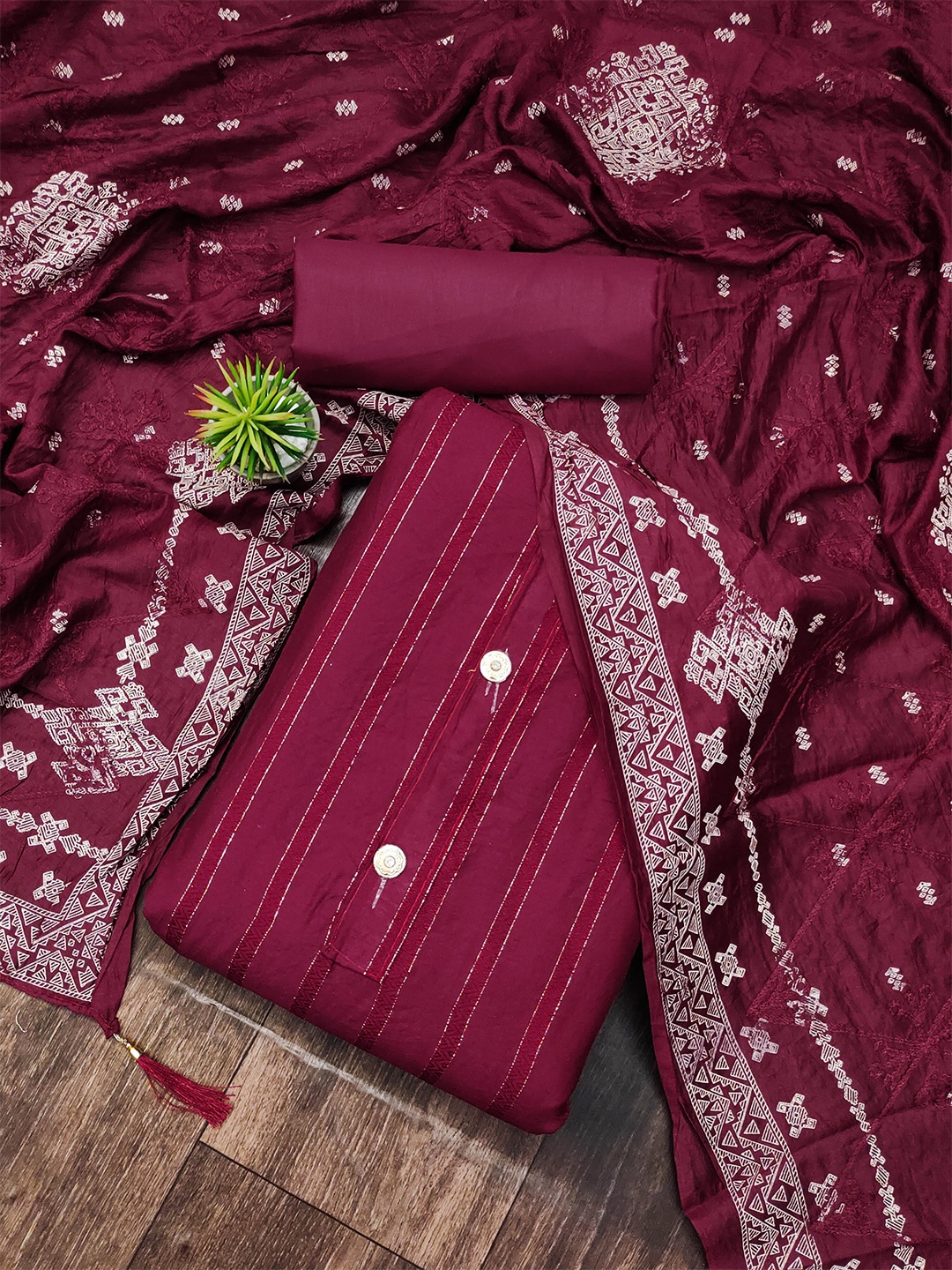 

MANVAA Embellished Unstitched Dress Material, Maroon