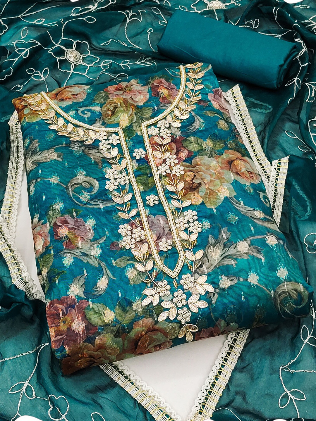 

MANVAA Printed Organza Unstitched Dress Material, Blue