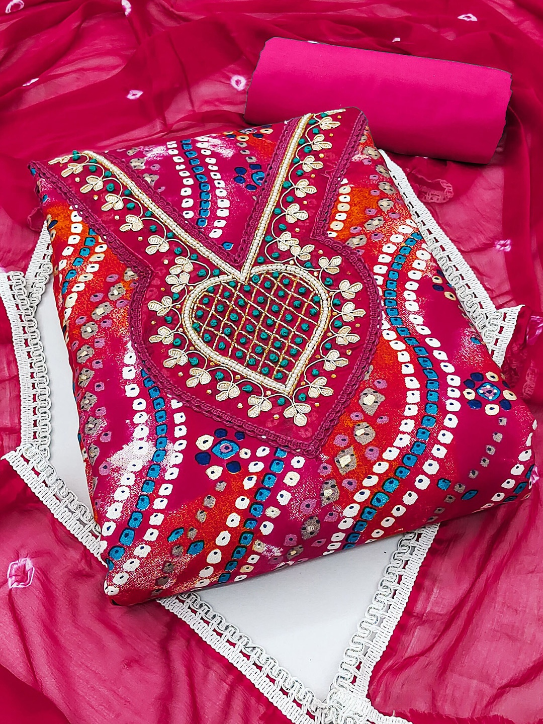 

MANVAA Bandhani Printed Unstitched Dress Material, Pink