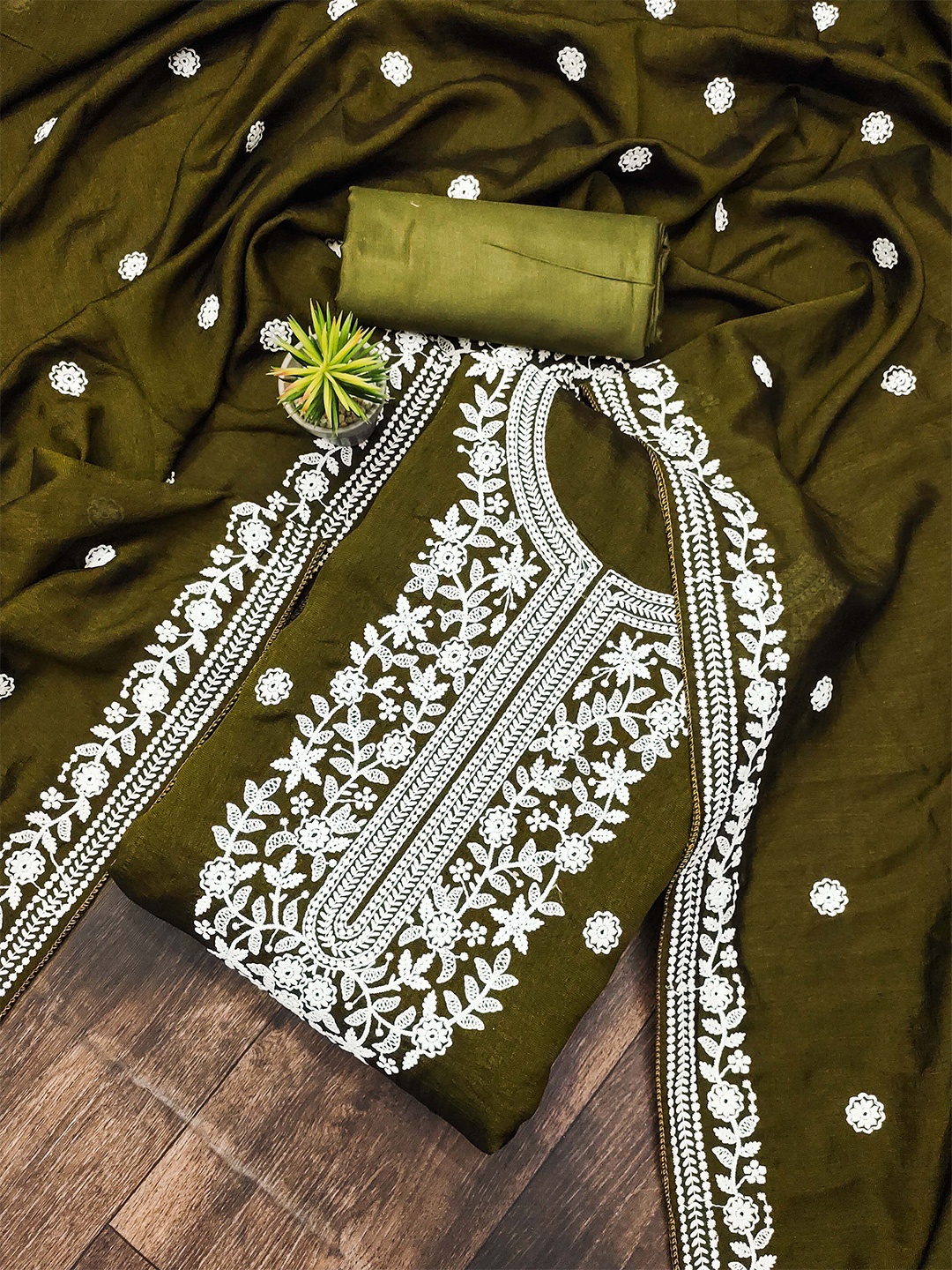 

MANVAA Floral Embroidered Unstitched Dress Material, Olive