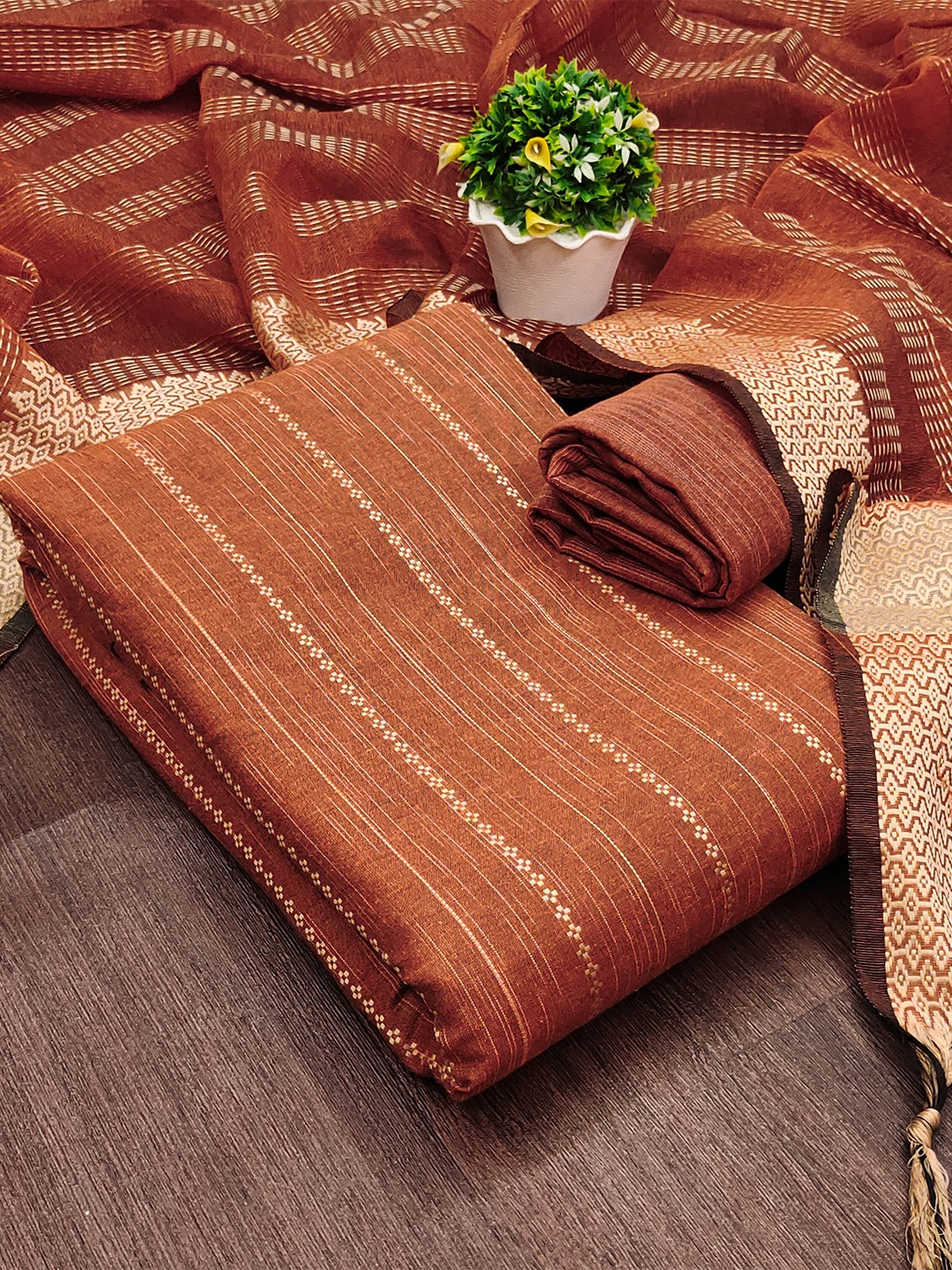 

MANVAA Woven Design Unstitched Dress Material, Rust