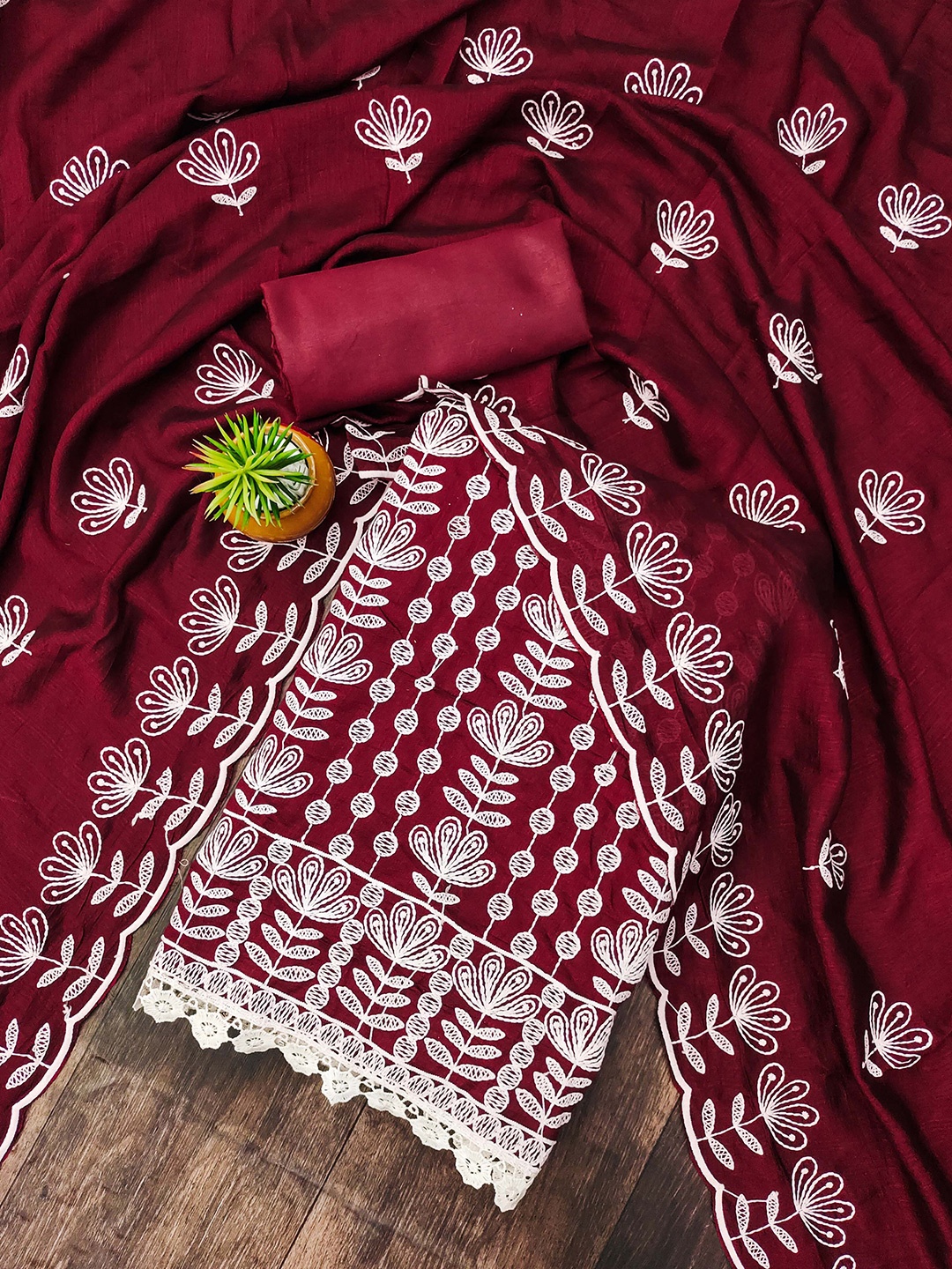 

MANVAA Ethnic Motifs Embroidered Unstitched Dress Material, Maroon