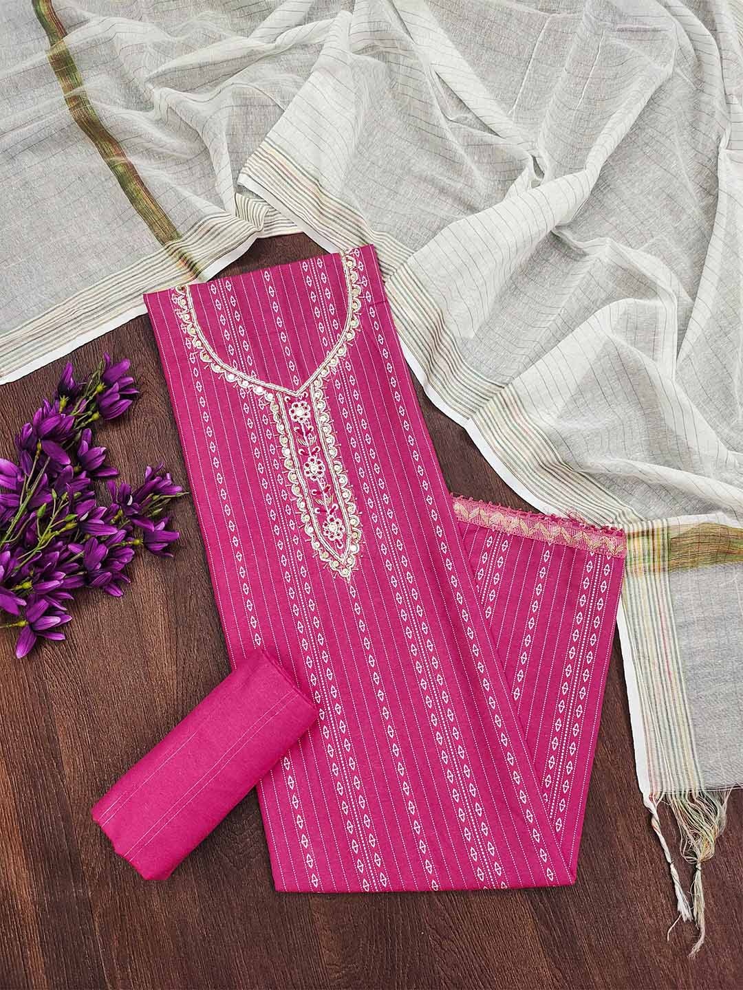 

MANVAA Woven Design Sequined Unstitched Dress Material, Pink