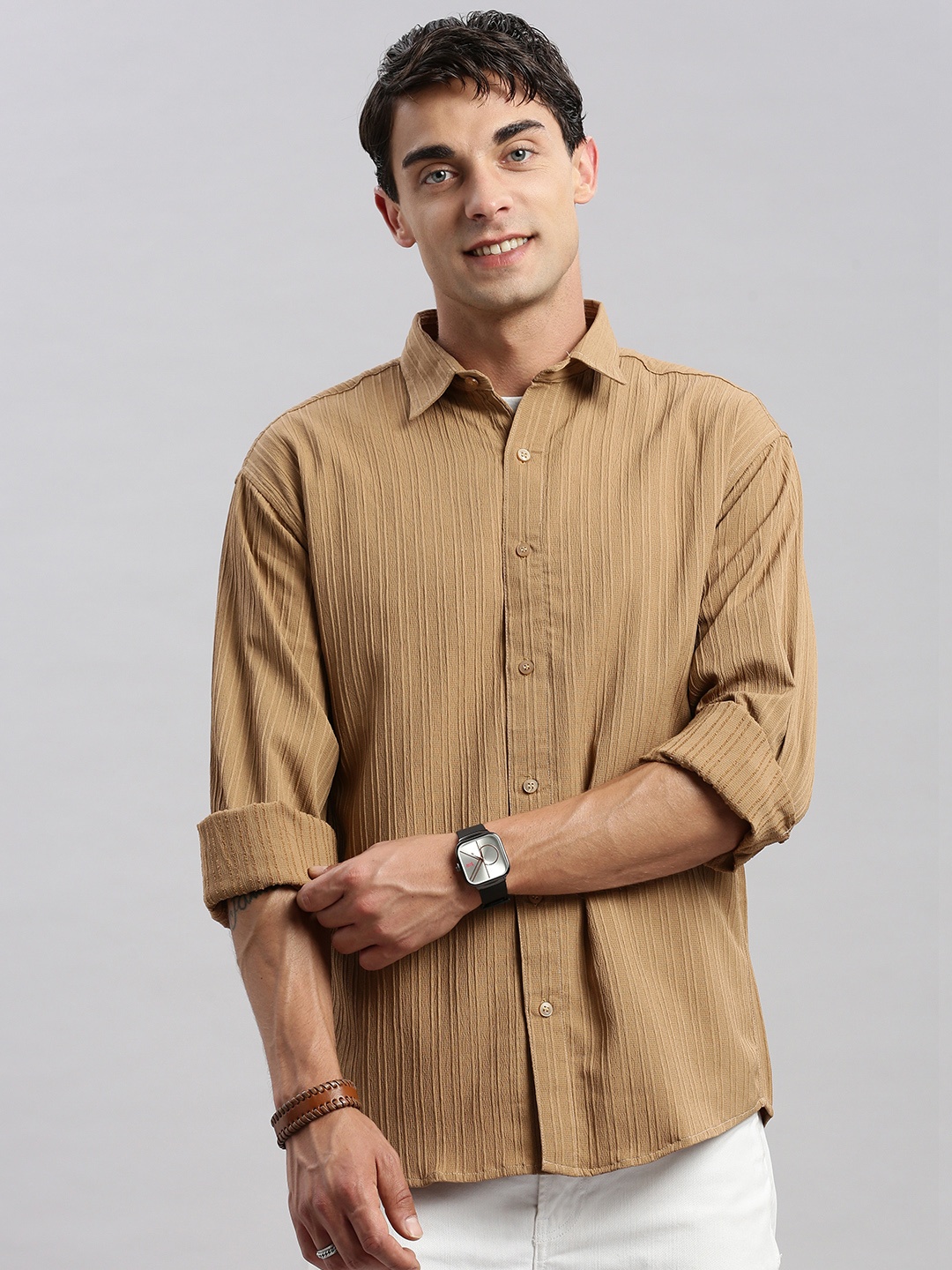 

MADSTO Classic Spread Collar Cotton Casual Shirt, Brown