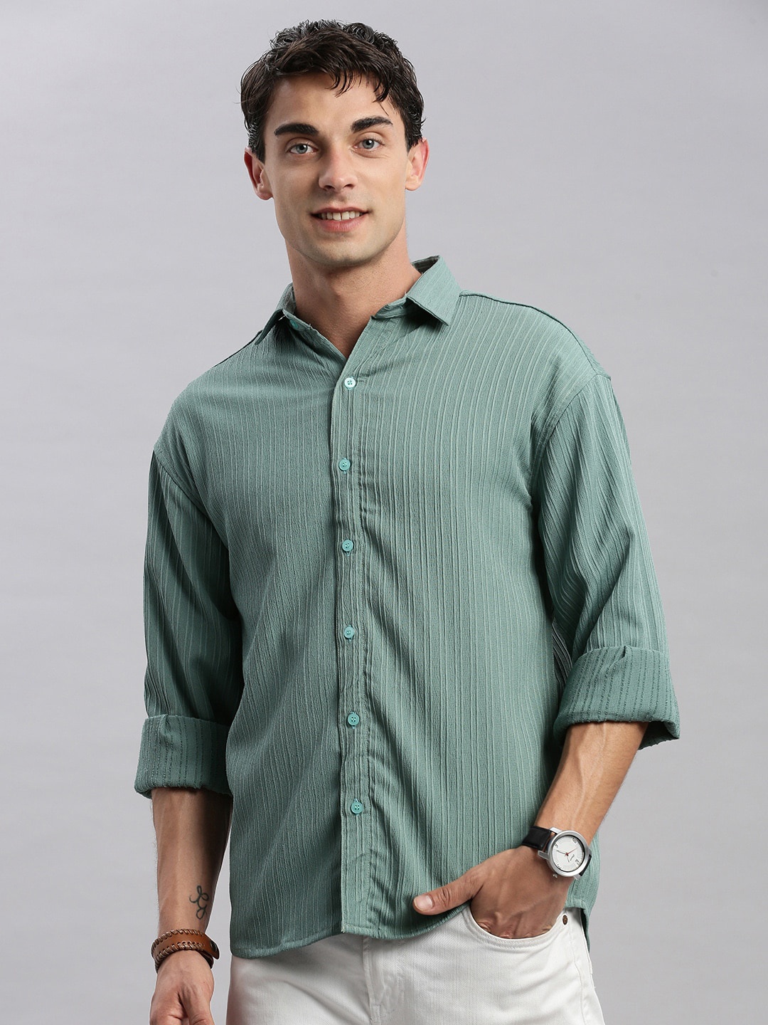 

MADSTO Classic Vertical Striped Oversized Cotton Casual Shirt, Green