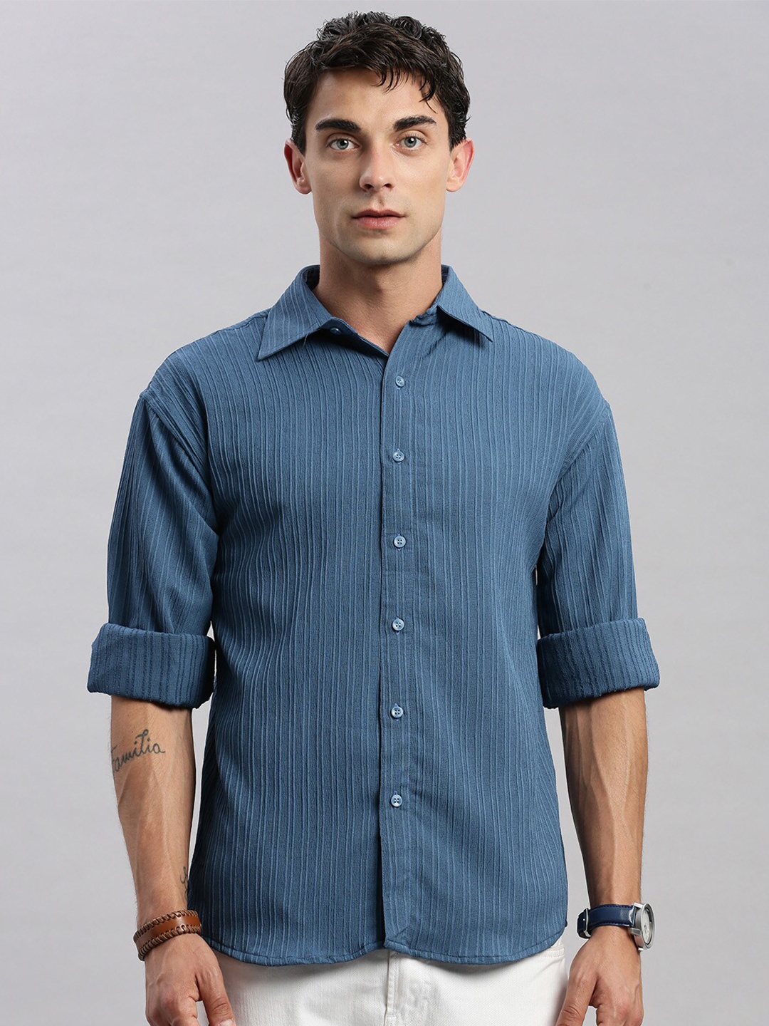 

MADSTO Classic Vertical Striped Oversized Cotton Casual Shirt, Blue