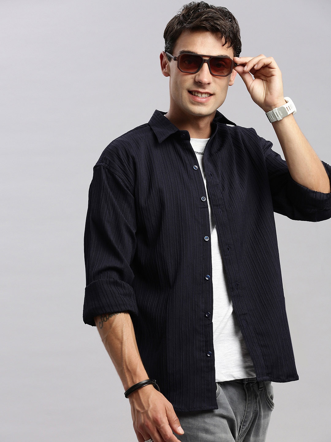 MADSTO Classic Spread Collar Cotton Casual Shirt, Navy blue