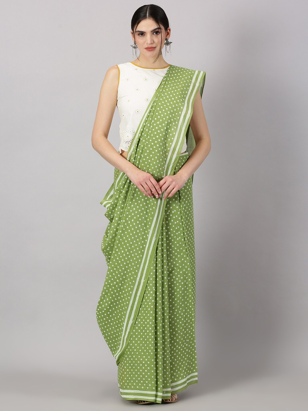 

Weaves of Tradition Polka Dot Printed Pure Cotton Saree With Tassels, Green