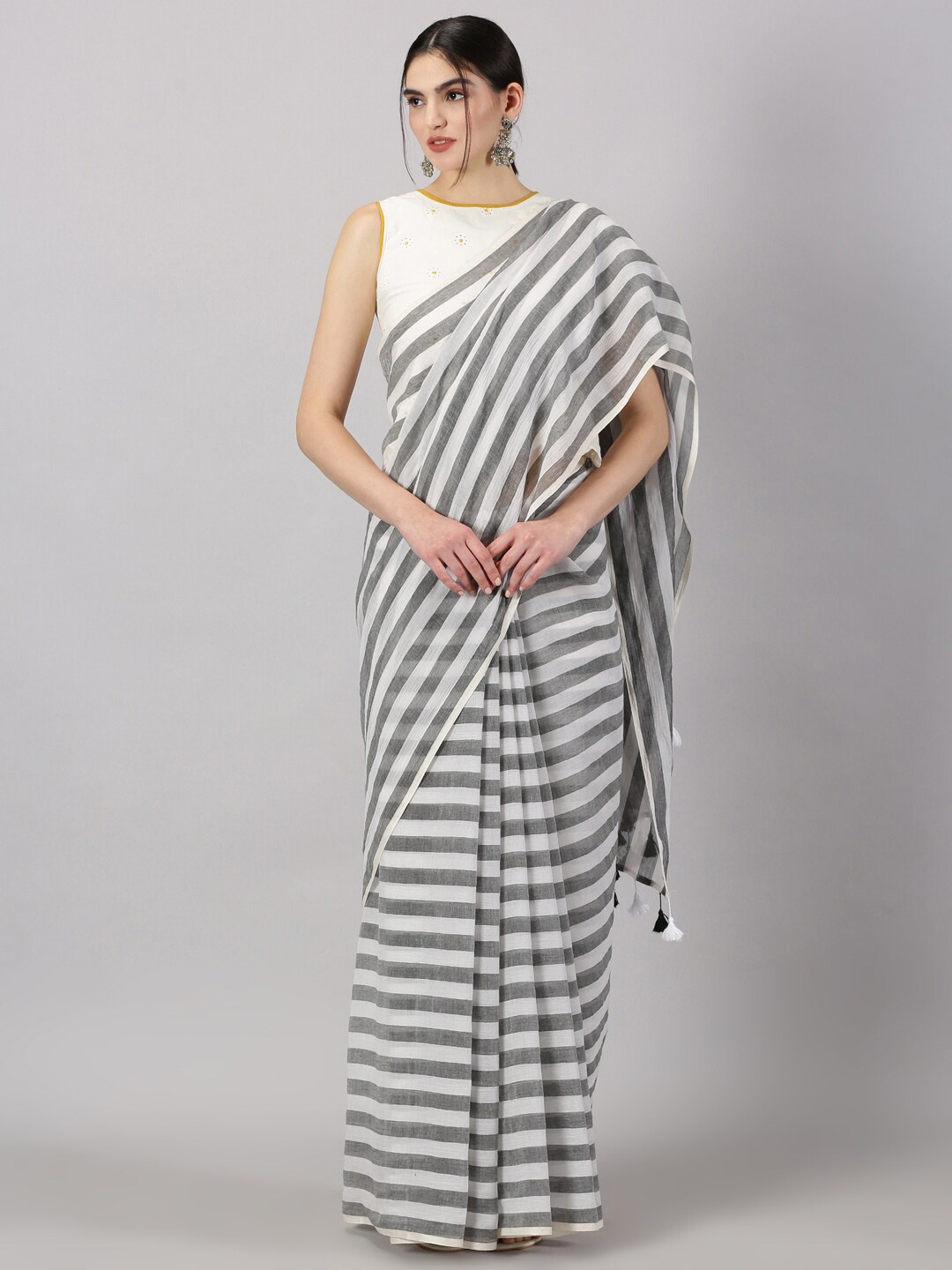 

Weaves of Tradition Striped Printed Pure Cotton Saree With Tassels, White