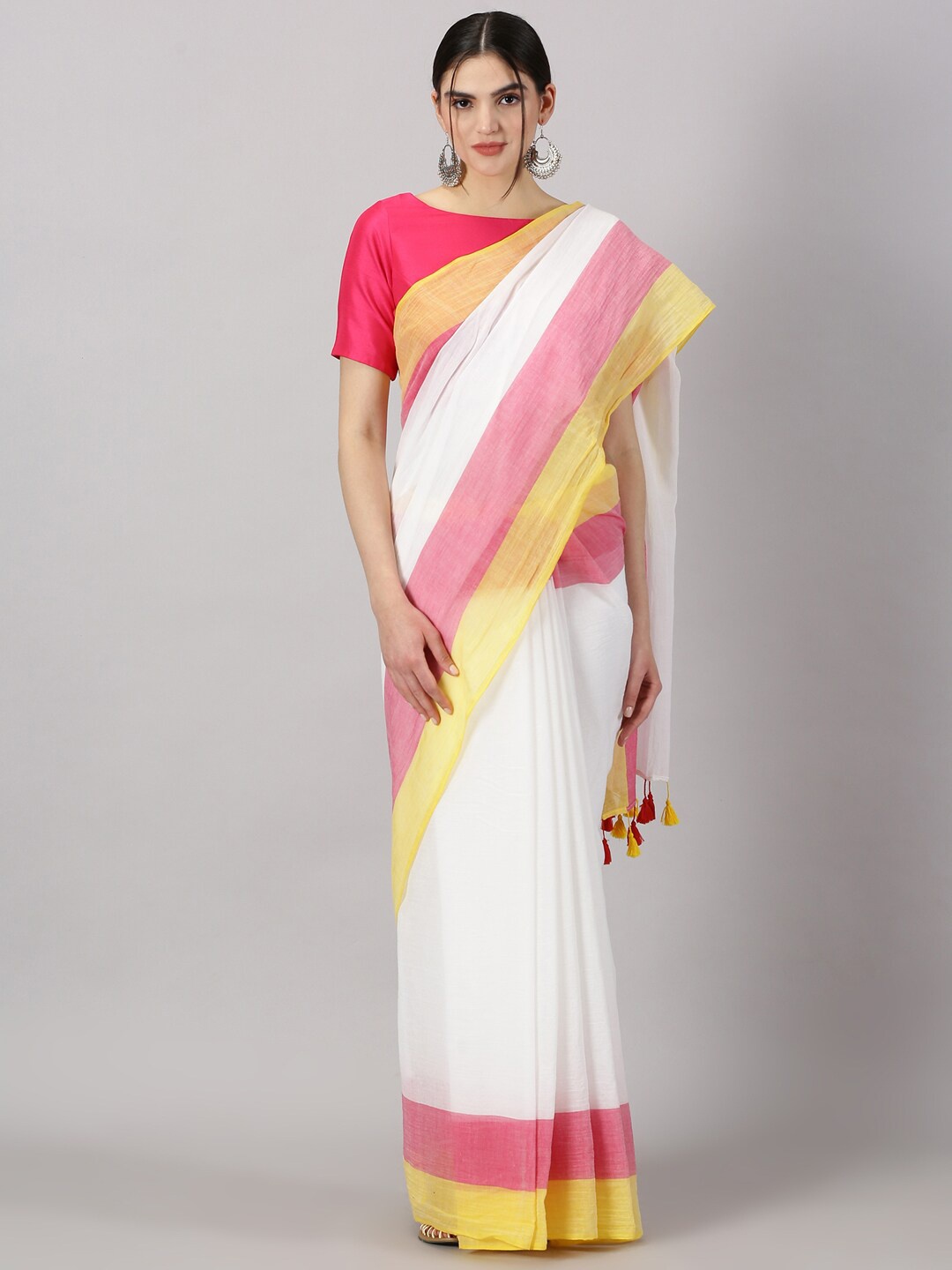 

Weaves of Tradition Striped Printed Pure Cotton Saree With Tassels, White