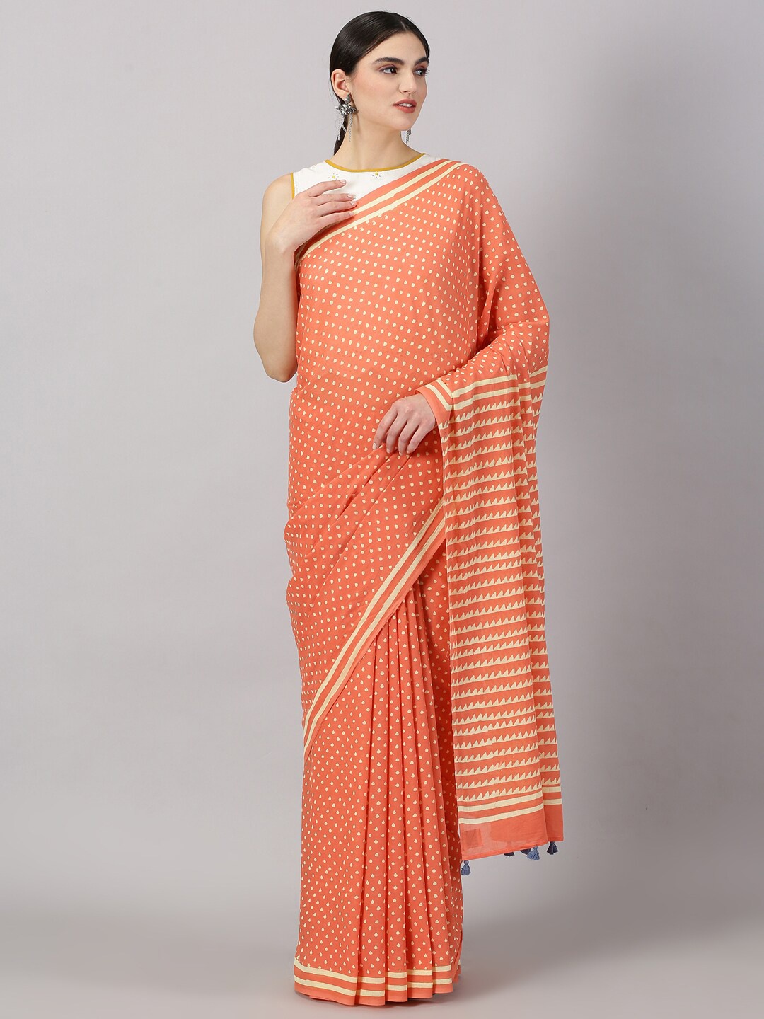 

Weaves of Tradition Polka Dot Printed Pure Cotton Saree With Tassels, Orange