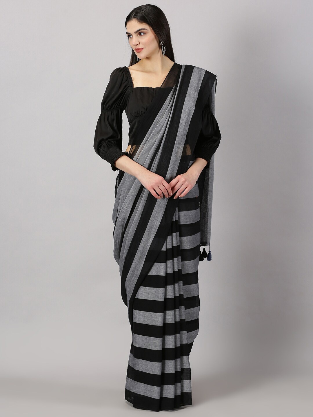 

Weaves of Tradition Striped Printed Pure Cotton Saree With Tassels, Black