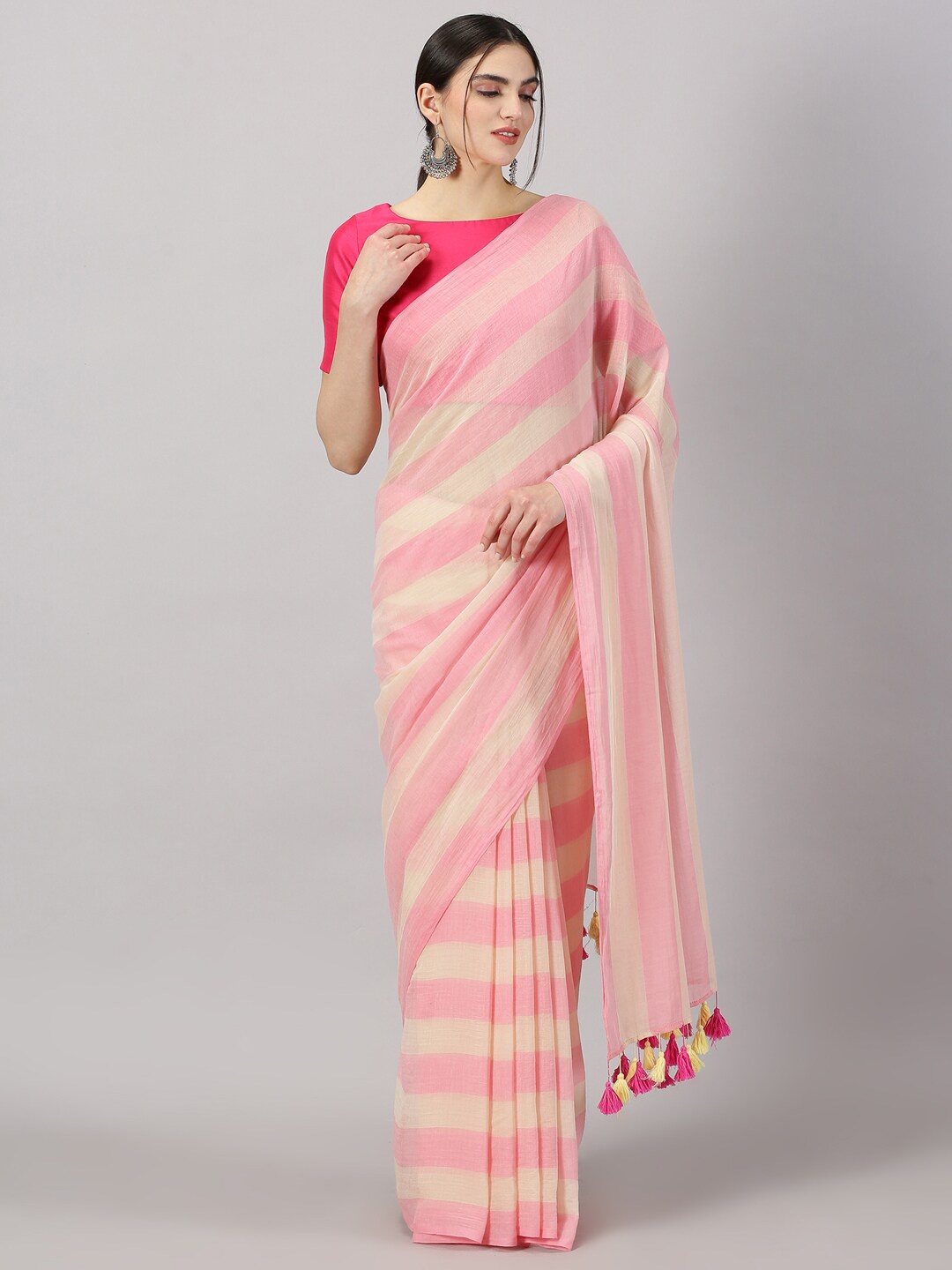 

Weaves of Tradition Striped Printed Pure Cotton Saree With Tassels, Pink