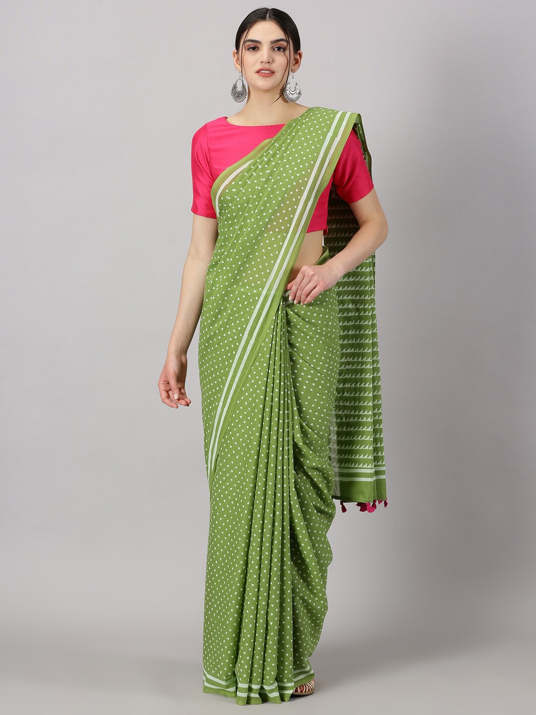 

Weaves of Tradition Polka Dot Printed Pure Cotton Saree With Tassels, Green