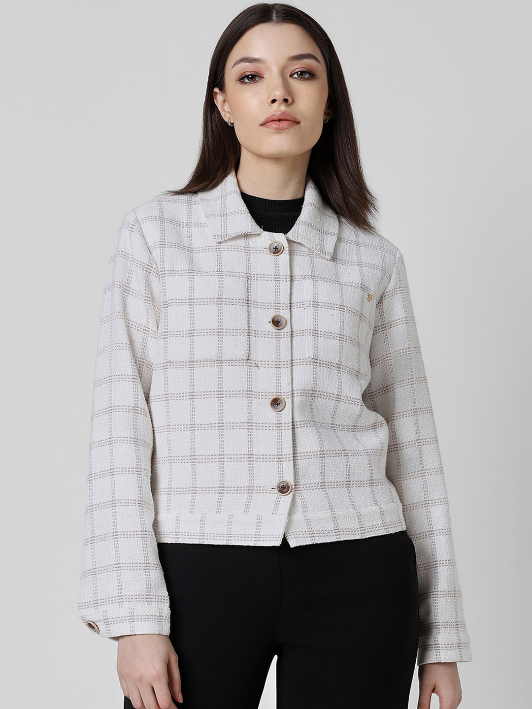 

Van Heusen Woman Checked Spread Collar Long Sleeves Tailored Jacket, Grey
