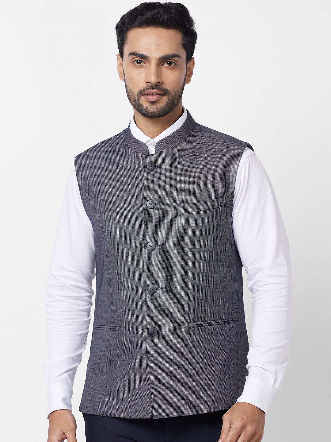 

Raymond Mandarin Collar Woven Nehru Jacket, Grey