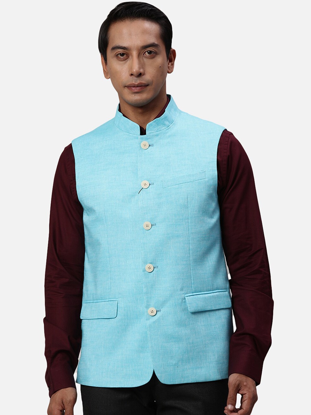 

Park Avenue Slim-Fit Mandarin Collar Woven Nehru Jacket, Blue