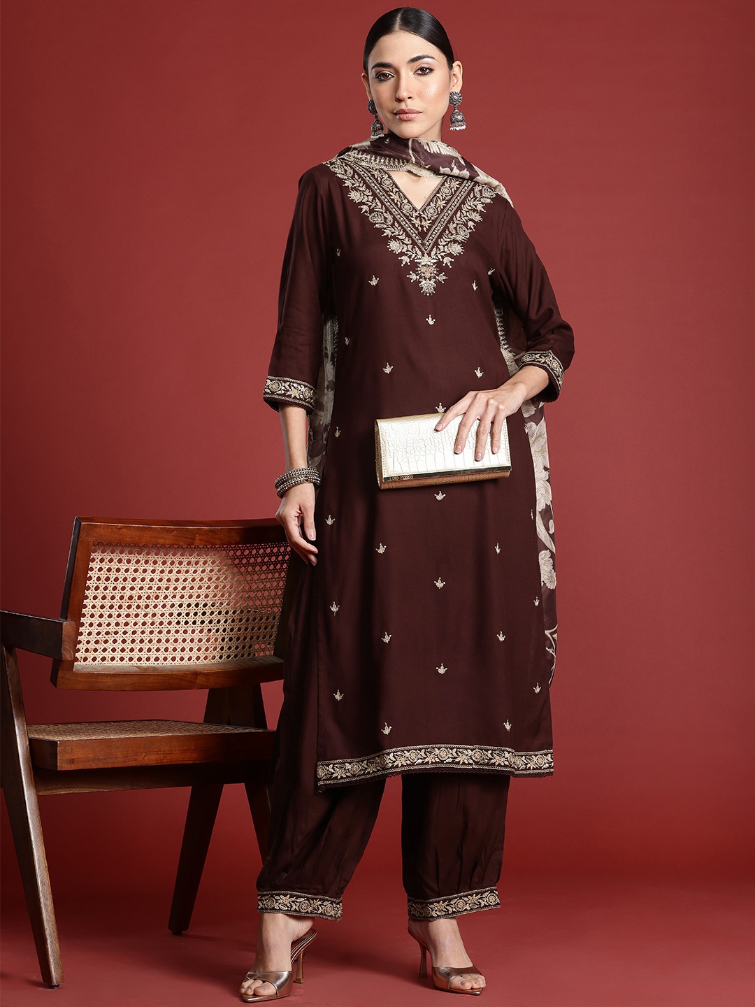 

Indo Era Ethnic Motifs Embroidered Thread Work Kurta with Salwar & With Dupatta, Coffee brown