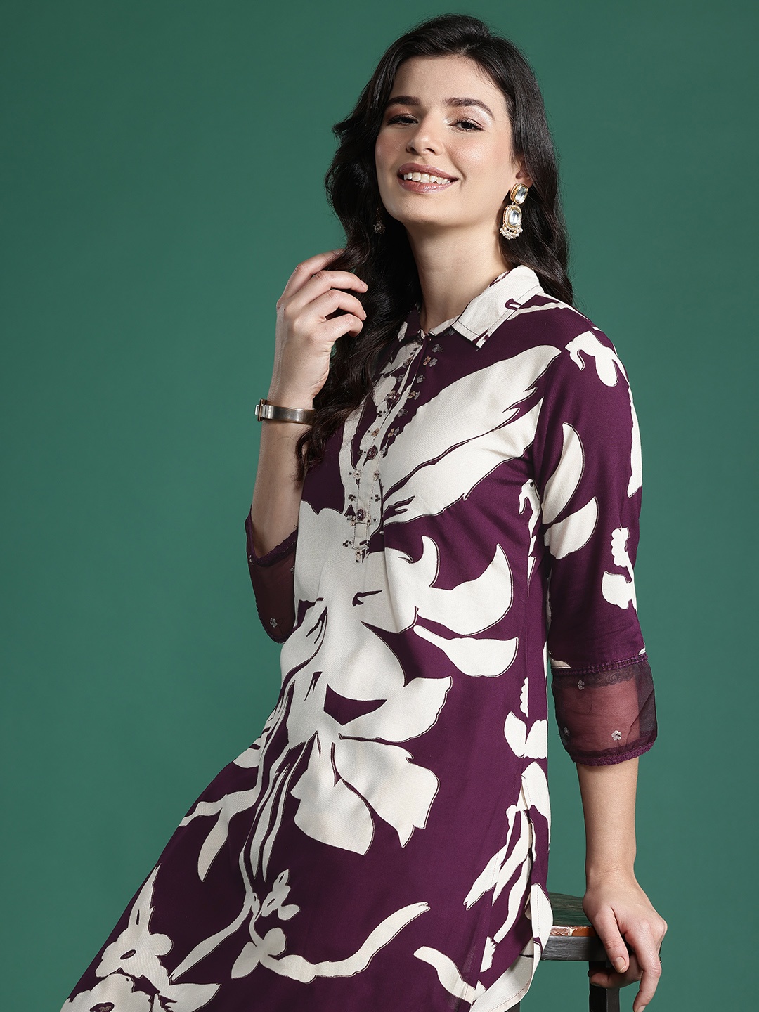 

Indo Era Floral Printed Kurta with Salwar with Sequinned Detail, Burgundy