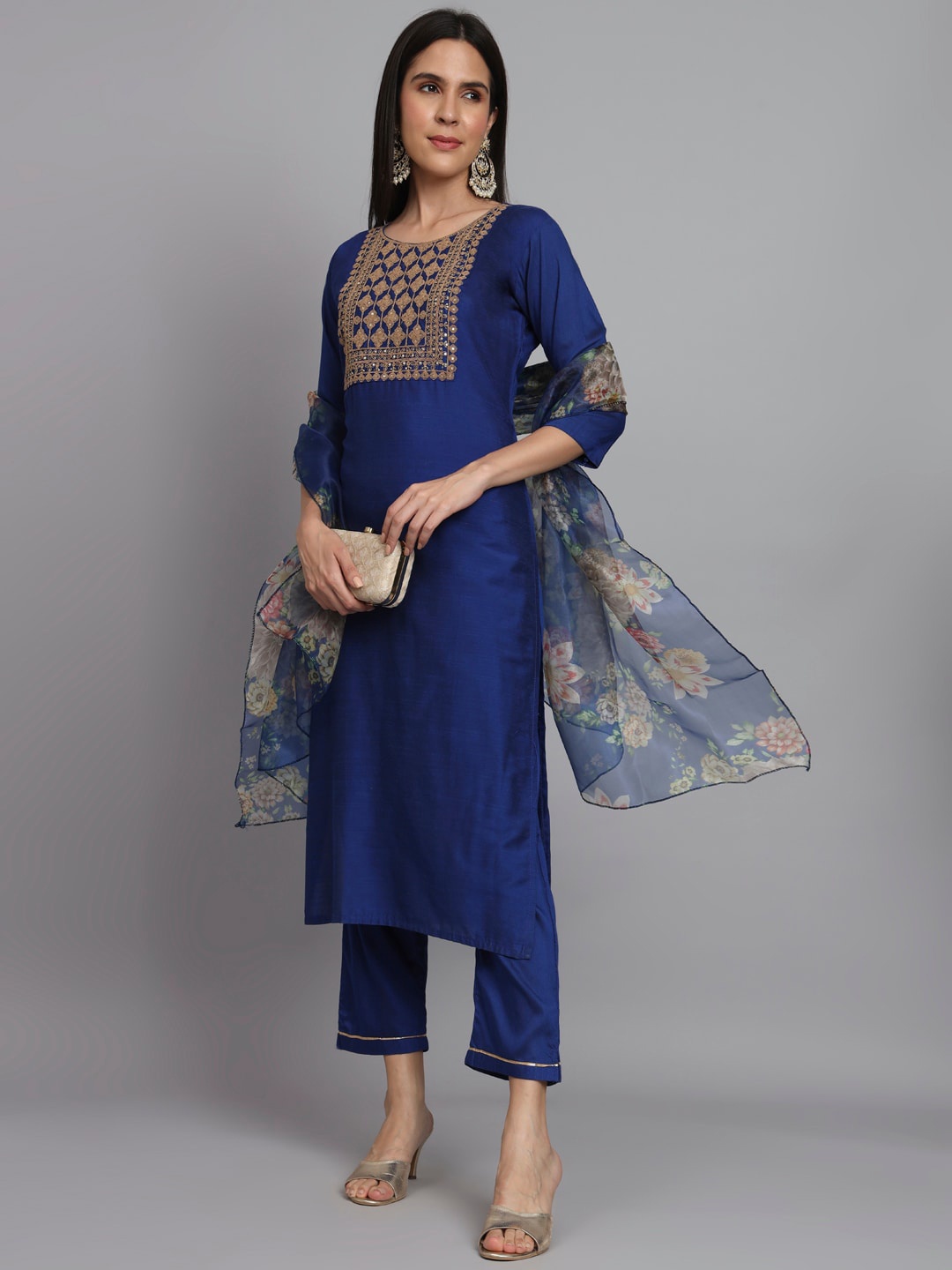 

VredeVogel Ethnic Motifs Embroidered Kurta with Trousers & Dupatta, Navy blue