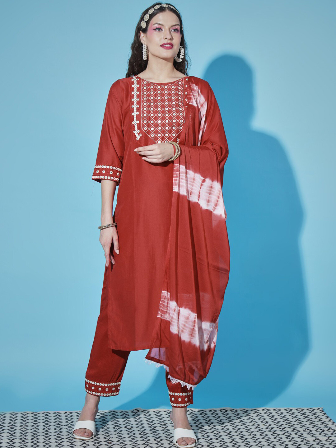 

VredeVogel Geometric Embroidered Kurta With Trousers & Dupatta, Red
