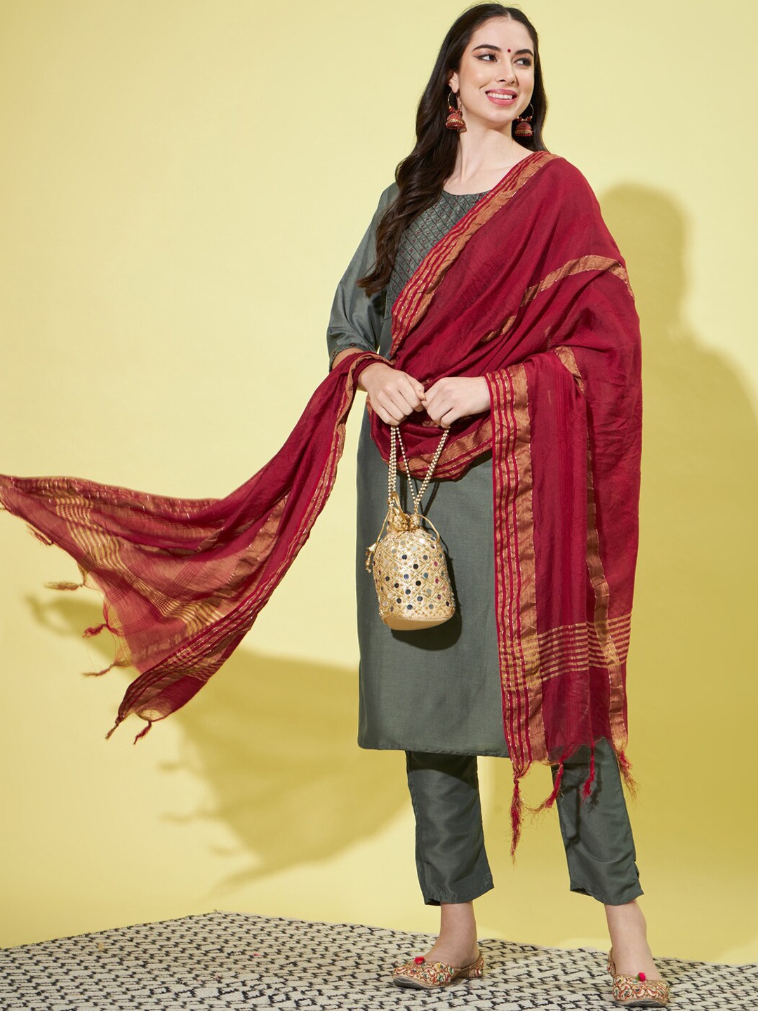 

VredeVogel Ethnic Motifs Embroidered Round Neck Thread Work Kurta with Trousers & Dupatta, Olive