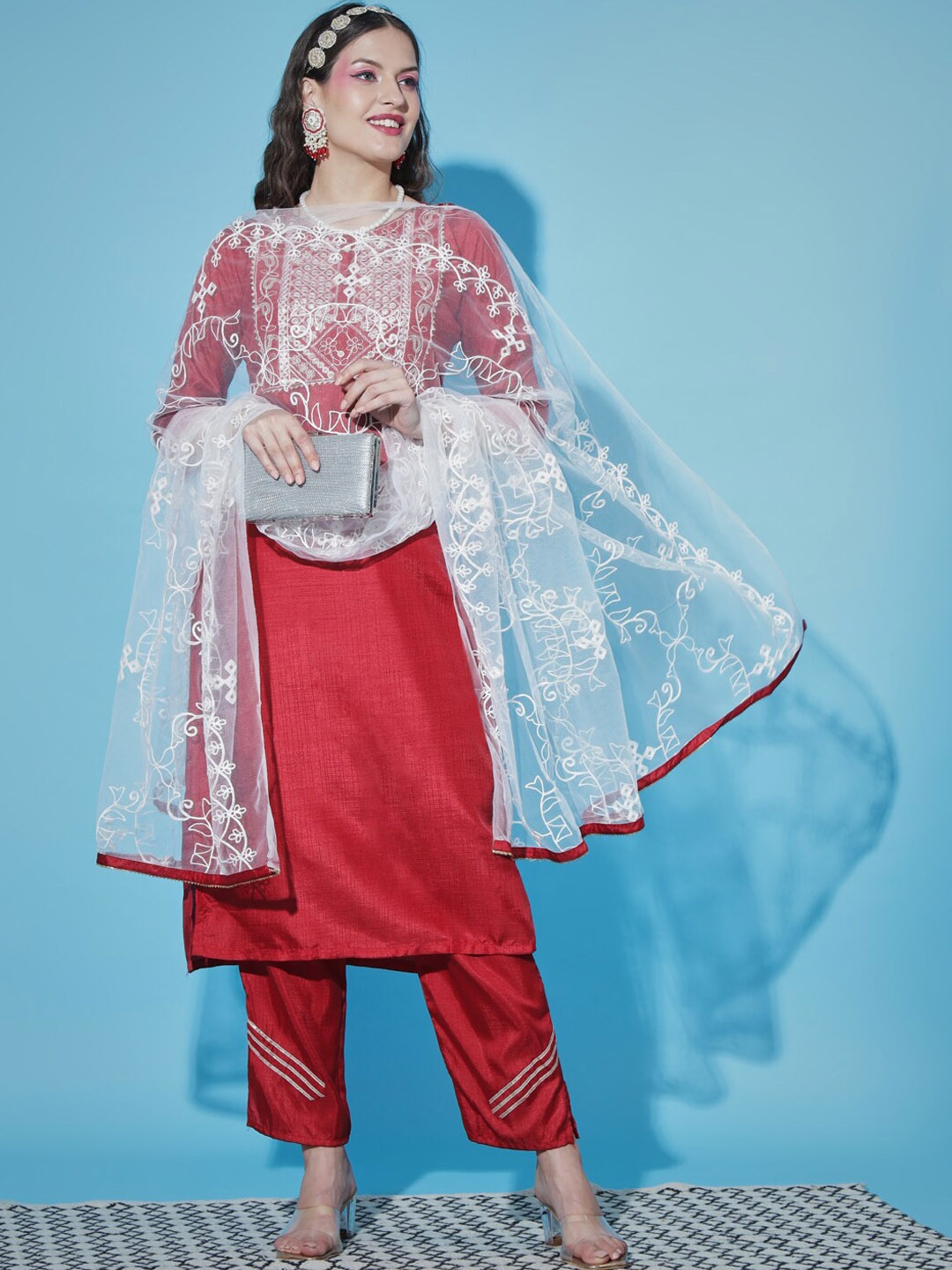 

VredeVogel Straight Embroidered Kurta with Trousers & Dupatta, Red