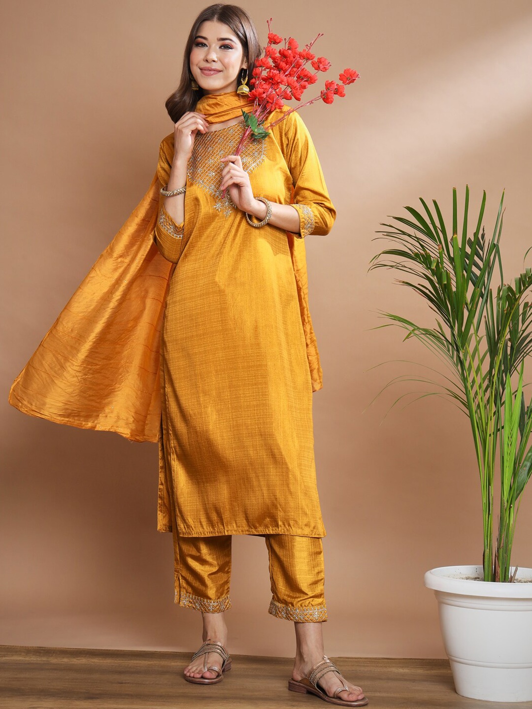 

VredeVogel Regular Thread Work Kurta with Trousers & Dupatta, Mustard