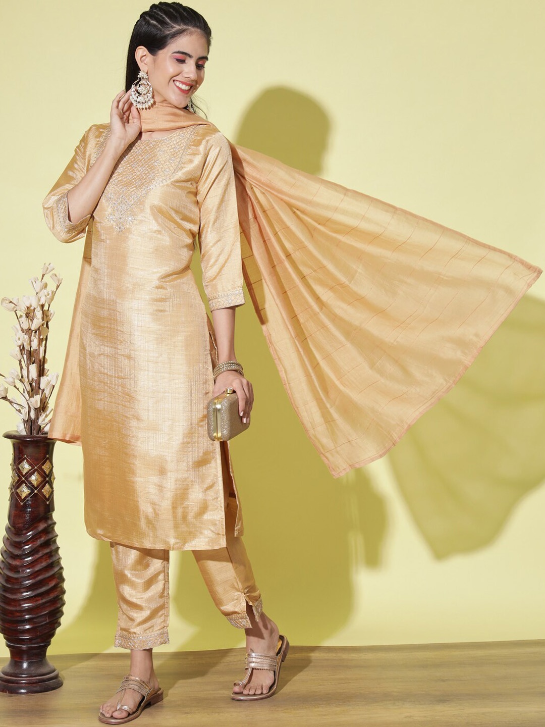 

VredeVogel Yoke Design Regular Thread Work Kurta with Trousers & Dupatta, Cream