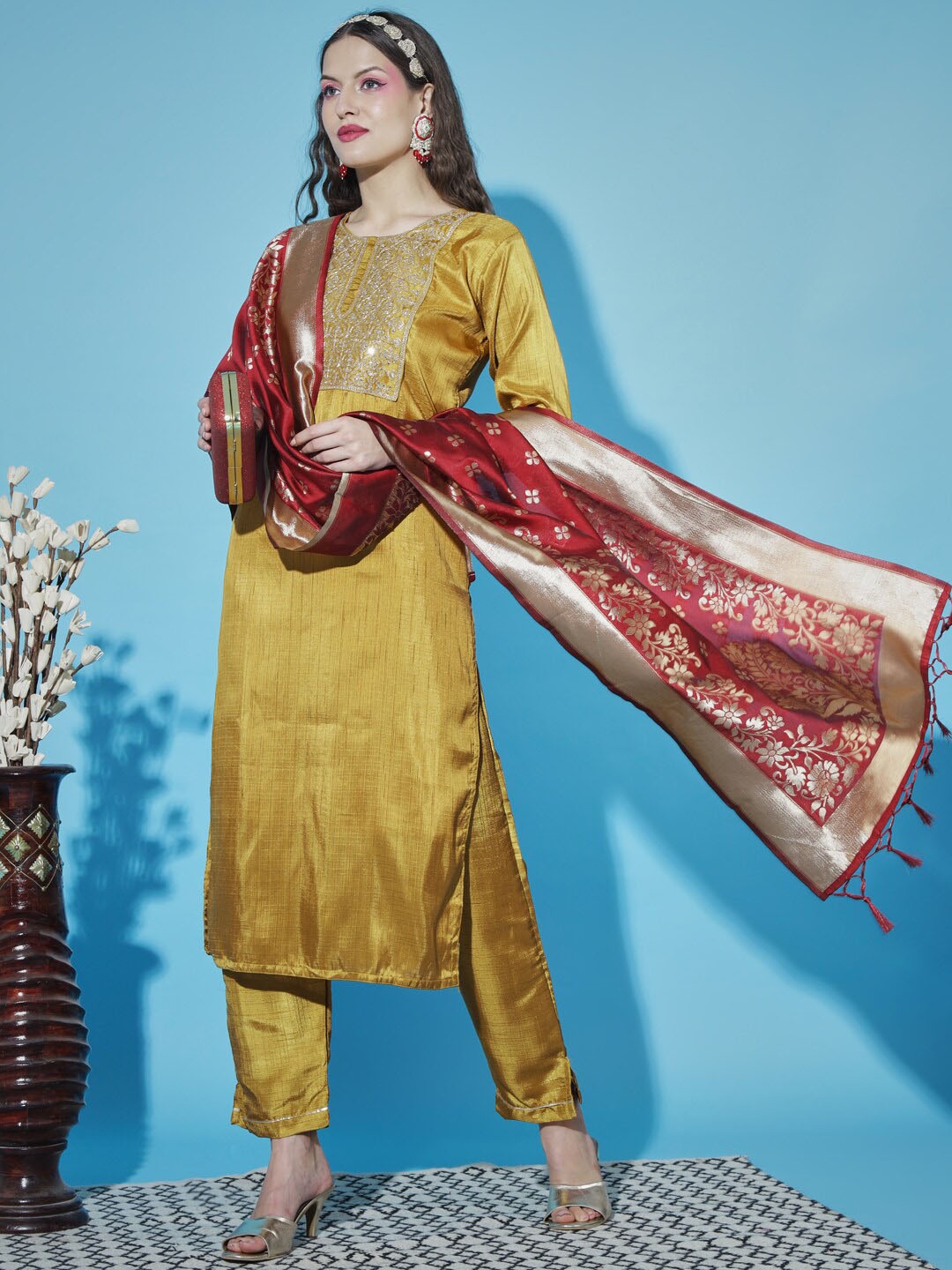 

VredeVogel Ethnic Motifs Regular Thread Work Kurta With Trousers & Dupatta, Mustard