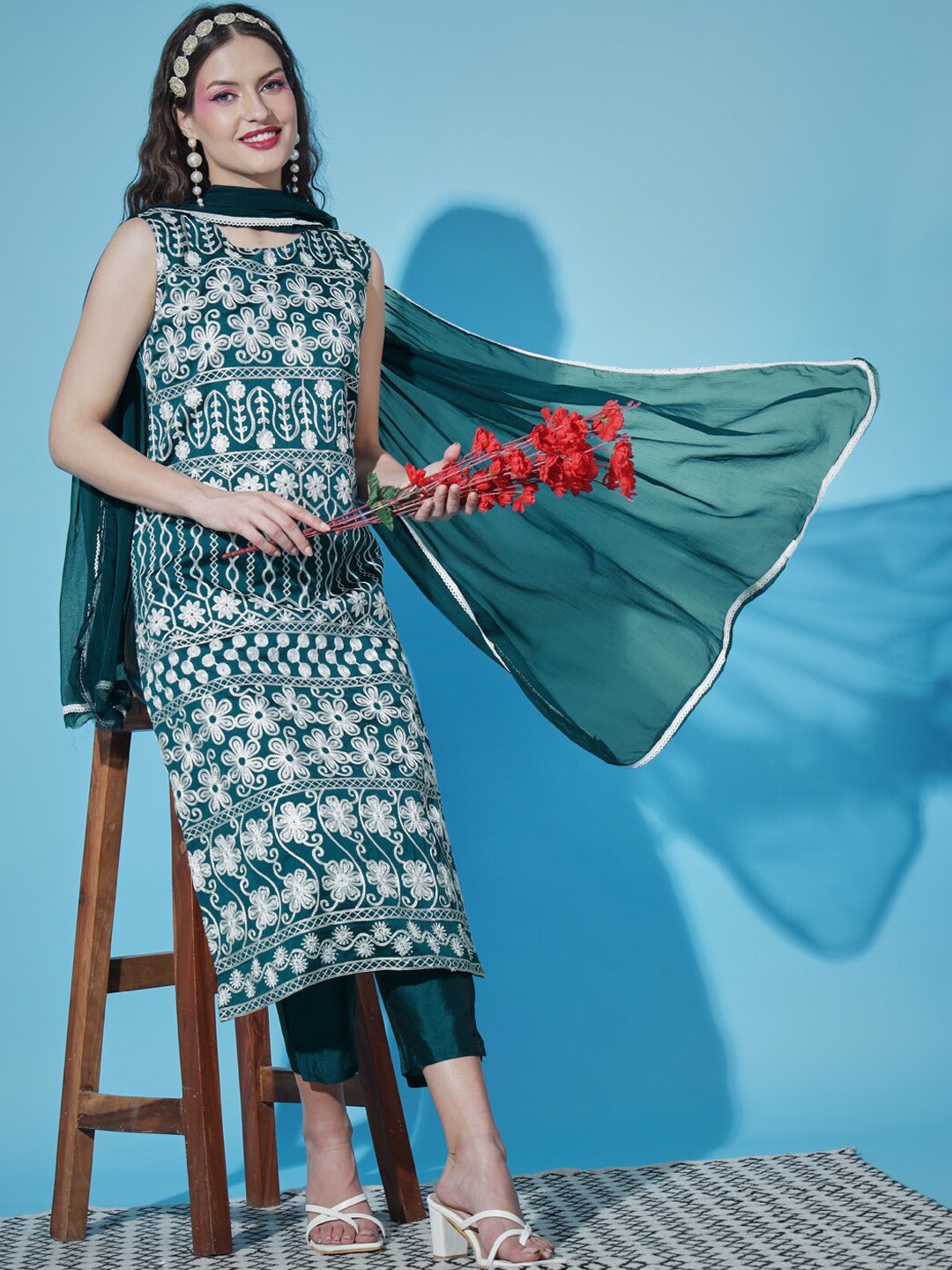 

VredeVogel Ethnic Motifs Embroidered Thread Work Kurta With Trousers & Dupatta, Teal